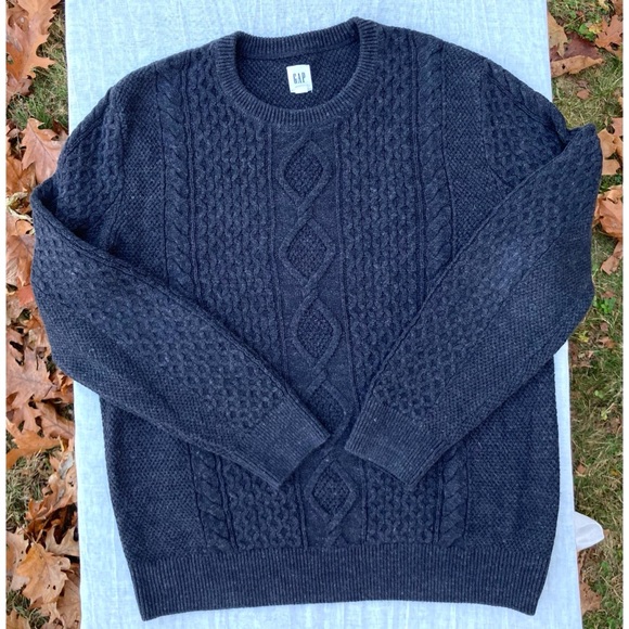Men’s GAP Cable Knit Sweater Crew Neck Pullover Charcoal Gray Wool Size Large - Picture 4 of 10